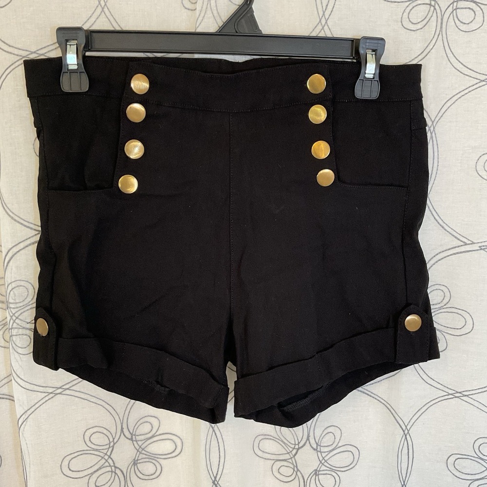 Women's Bottom Sharp Black Shorts Sailor Style Gold Button Stretch Size Large